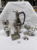 A silver plate coffee pot and 4 other plated items