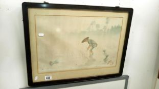 A lovely Asian water colour of a girl planting rice,