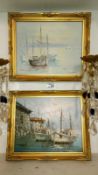 2 gilt framed oil on canvas painting of fishing boats,