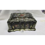 A beautiful papier mache' Victorian black lacquer work box decorated with mother of pearl,