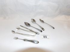 3 silver tea spoons, a silver pickle fork,