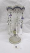 A 19th century frosted glass hand decorated lustre vase with crystal droppers