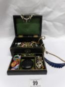 A Victorian jewellery box and contents including necklaces,