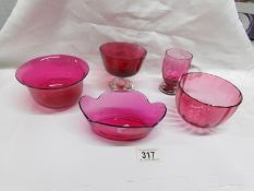 5 pieces of cranberry glass