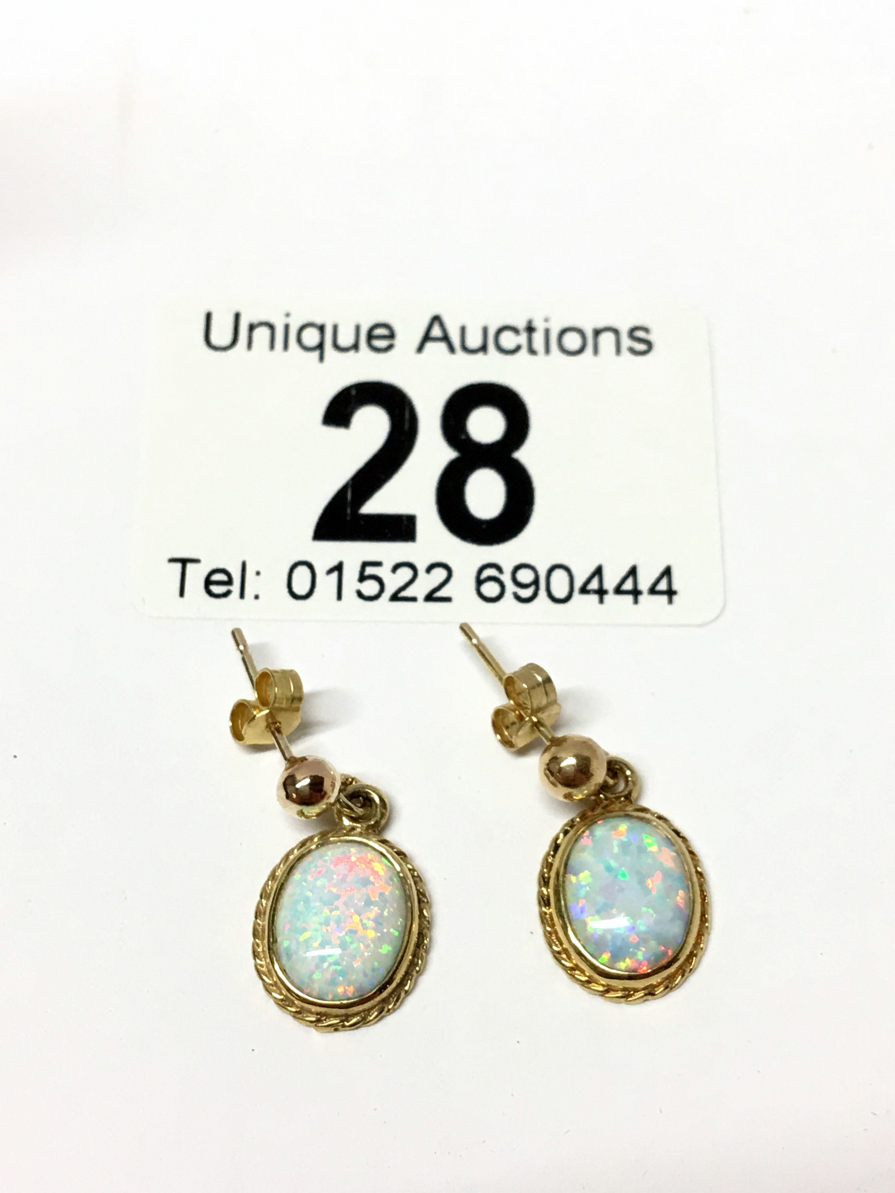 A pair of yellow gold opal earrings