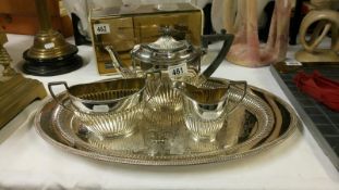 A 3 piece silver plated tea set on presentation tray