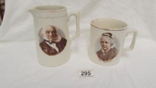 A creamware tankard & jug of Mr & Mrs William Gladstone A/F