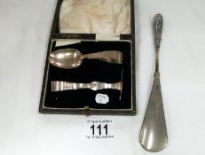 A HM silver feeding set and shoe horn