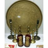 3 pairs of brass candlesticks,