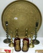 3 pairs of brass candlesticks,