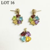 A pair of multi-gem earrings and a matching pendant in 9ct gold (stones include amethyst, peridot,