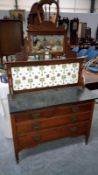 A marble top satin walnut wash stand with art nouveau tiled back