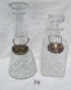 2 cut glass decanters with labels (1 silver)