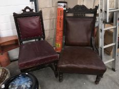 A Edwardian dark wood hall chair with leather seat and back