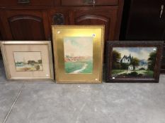 2 framed watercolours and a revers painting on glass