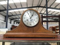 An inlaid oak Napoleon hat mantel clock