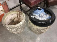 2 concrete planters etc