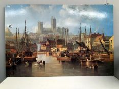 A print on board of Brayford and Lincoln Cathedral
