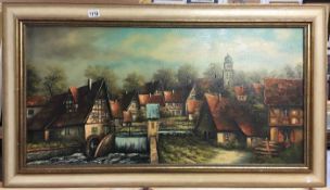 A framed oil on canvas Continental Village with Mill House, image 98 x 48cm