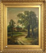 An oil on canvas rural scene with cottage signed W Bates, size including frame 28.75'' x 33''