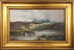 An oil on board rural scene featuring cattle wading in river initialled JRT (Nottingham artist