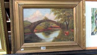 A 19th century oil on canvas 'Bridge Over River' signed Tom Marrton?, image 44 x 30cm