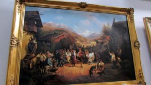 A gilt framed oil on canvas 'Continental Village Visitors' signed Michalyi Baloch?, image 89 x 59cm