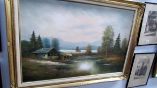 An oil on canvas 'Continental Mill House by River' signed D Knight, image 90 x 59cm