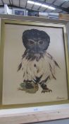 An unusual oil painting on board of an owl, signed Ramased