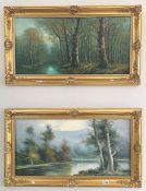 A pair of gilt framed oil on canvas lake and forest landscapes signed but indistinct