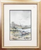 A watercolour of entrance to harbour with town and church in background, size including frame 19.5''