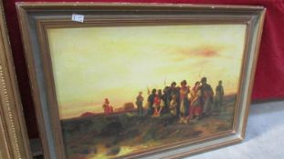 A framed oil on canvas harvest scene signed J Richmond