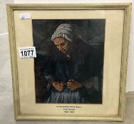 A framed and glazed print of an old woman with rosary, after Paul Cezanne