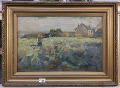 A framed early 20th century oil on canvas 'Working the Cabbage Field' signed but indistinct 'St.