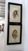 A pair of framed and glazed Edwardian prints of young ladies, originals by A Rong, images 21 x 37cm