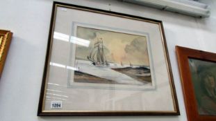 A watercolour of sailing ships in estuary signed G Coldron '84, size including frame 23'' x 20''