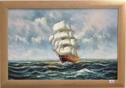 An oil on board seascape 'Under Full Sail', signed Ambrose, image 90 x 59cm