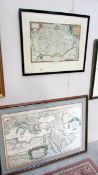 A framed and glazed map of Norfolk and a framed and glazed part world map