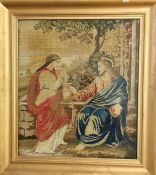 A 19th century tapestry of Jesus and Mary Magdalene, size including frame 27'' x 30''