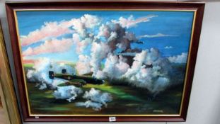 A framed oil on canvas, WW2 bomber, signed B R Walker, image 60 x 90cm