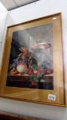 A watercolour still life scene of various fruits and ornaments, signed A Ellis 1920