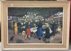 A large oil on canvas 'Flower Market' signed Ben Buxton