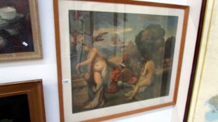 A London Arts Council exhibition print, framed and glazed, 'Le Contert Champetre' after Giorgione,