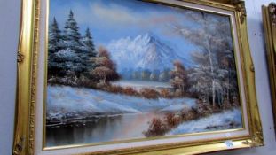 A contemporary oil on canvas 'Mountain Scene' signed L Harding, image 74 x 50cm