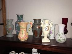 A quantity of jugs & vases including Arthur Wood & overpainted Victorian glass vase