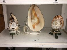 2 carved cameo shell lamps & conch shell lamp