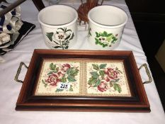 A tiled wooden tray & 2 Port Merion plant pot holders