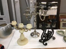 3 candelabra including silver plate, wrought iron & onyx