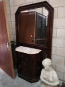 Cut-glass mirror-back overmantle with marble-top cupboard