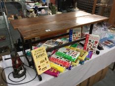 2 teak topped metal framed side tables